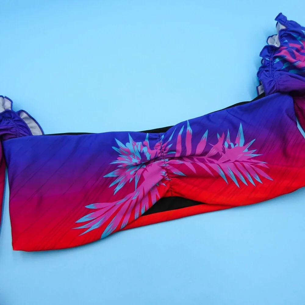 B Fyne XL Blue Red Floral Off The Shoulder‎ Ruffle Cropped Bikini Top Swimwear